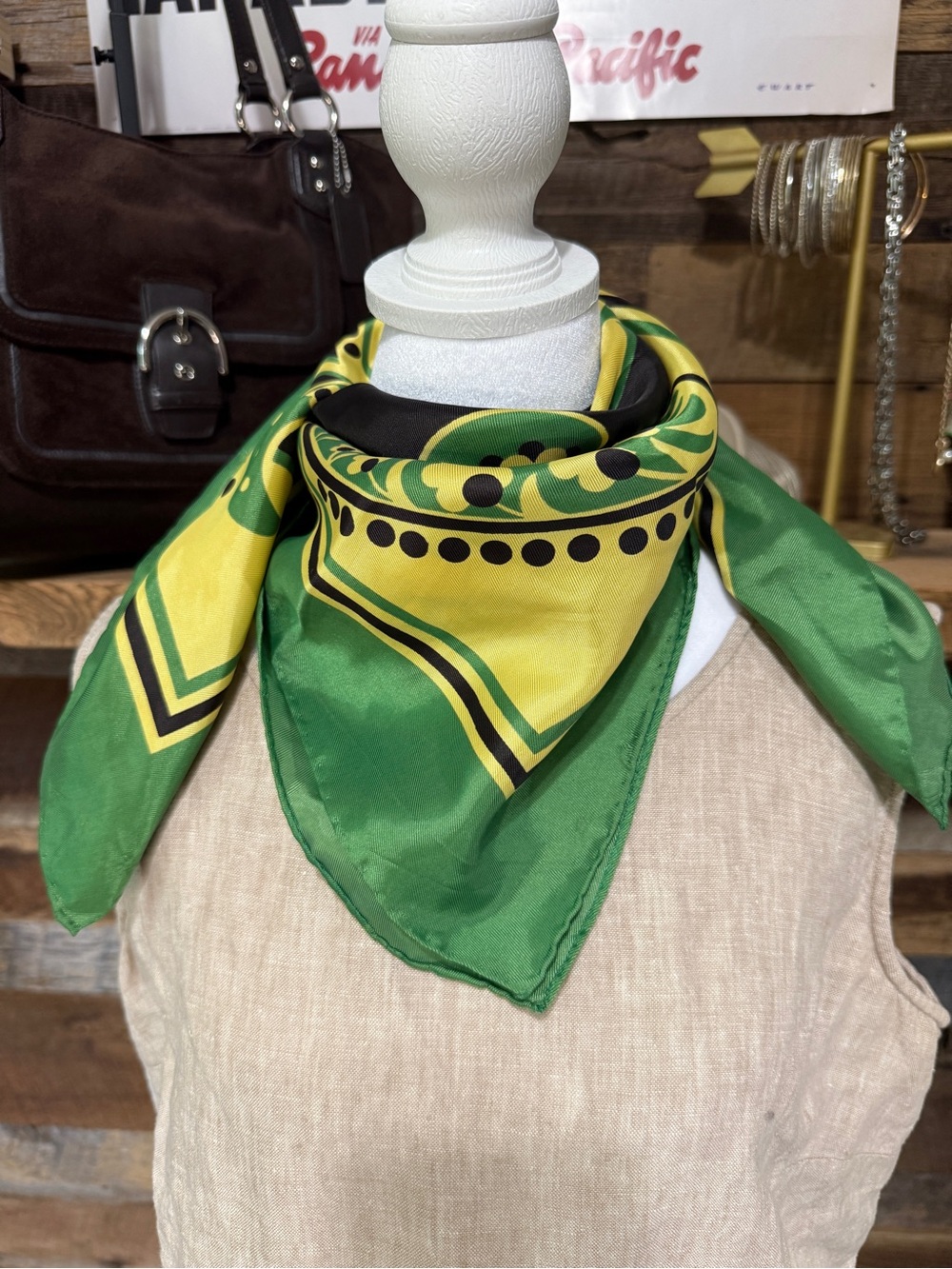 Green & Yellow Printed Silk Scarf - Womens Accessories